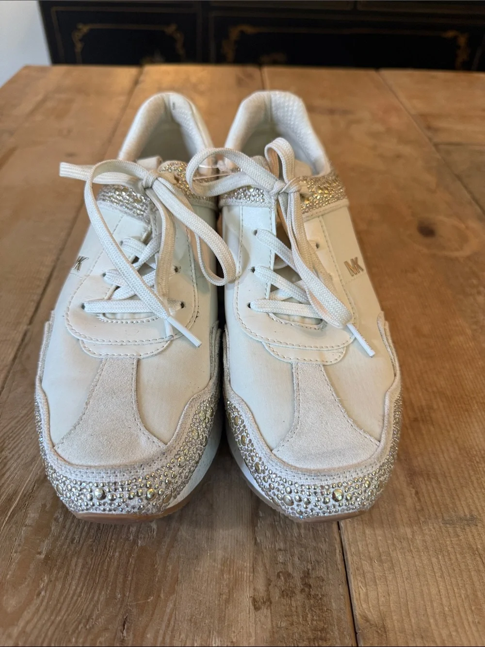 Michael Kors White Kids Sneakers with Gold Rhinestone Accents